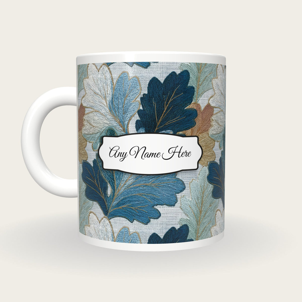 Embroidery Oak Leaves Name Mug 2, back with the second name label