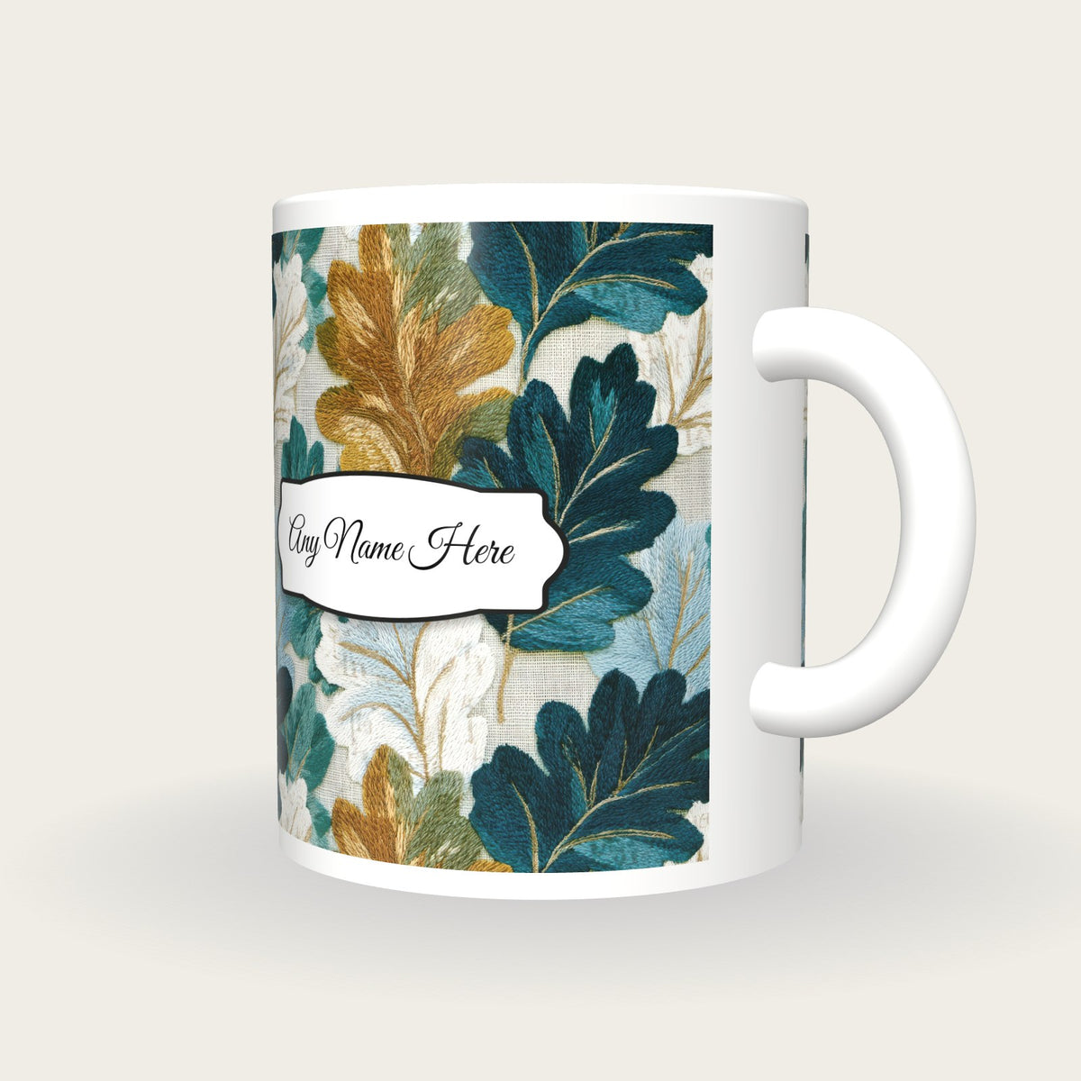 Embroidery Oak Leaves Name Mug, three-quarter view