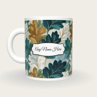 Embroidery Oak Leaves Name Mug, back with the second name label