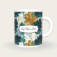 Embroidery Oak Leaves Name Mug, front with the name label