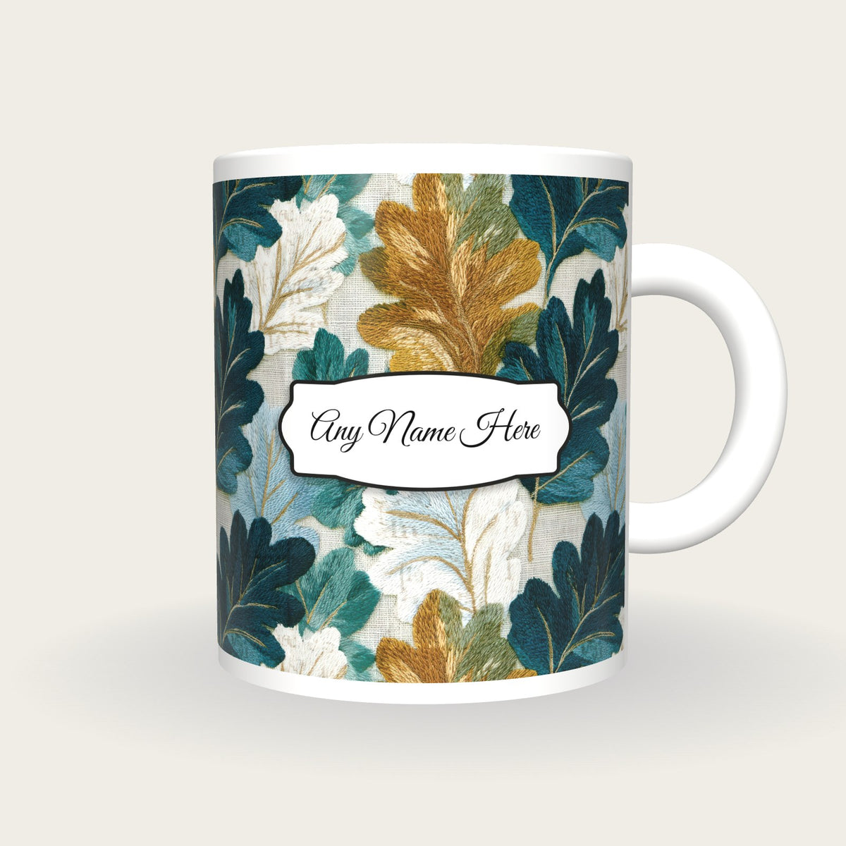 Embroidery Oak Leaves Name Mug, front with the name label