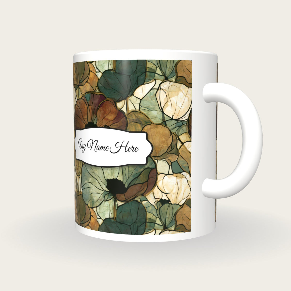 Stained Glass Poppies Name Mug, three-quarter view
