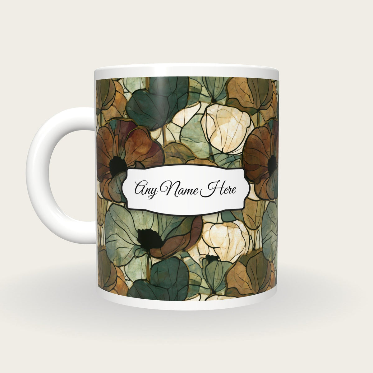 Stained Glass Poppies Name Mug, back with the second name label