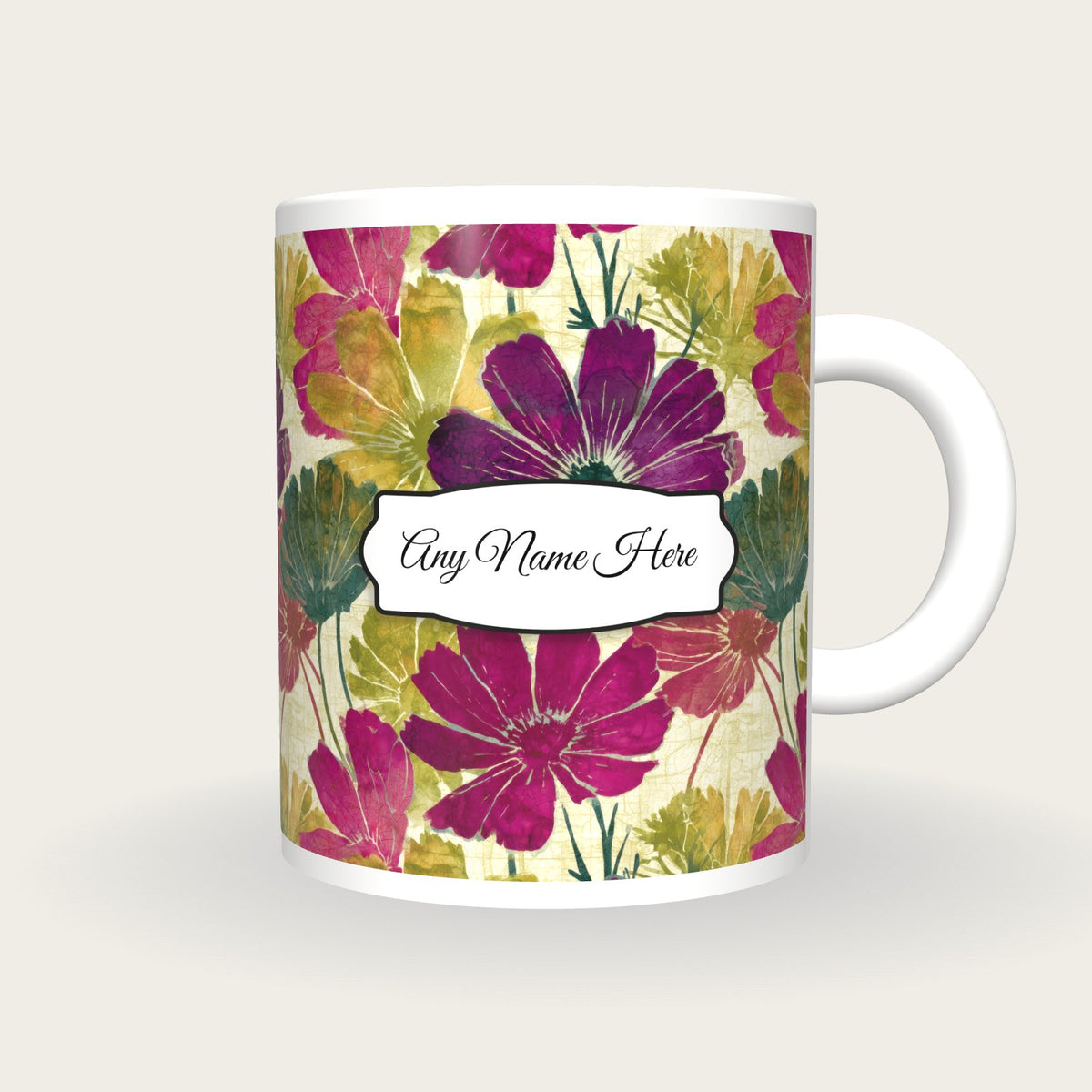 Batik Cosmos Name Mug 2, front with the name label