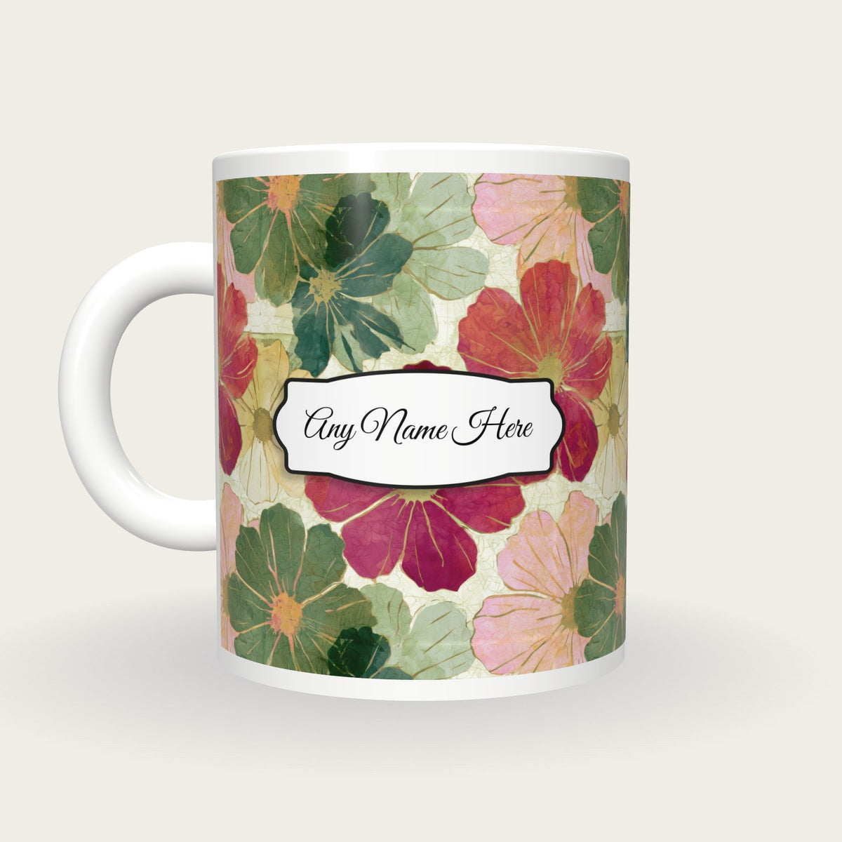 Batik Cosmos Name Mug, back with the second name label