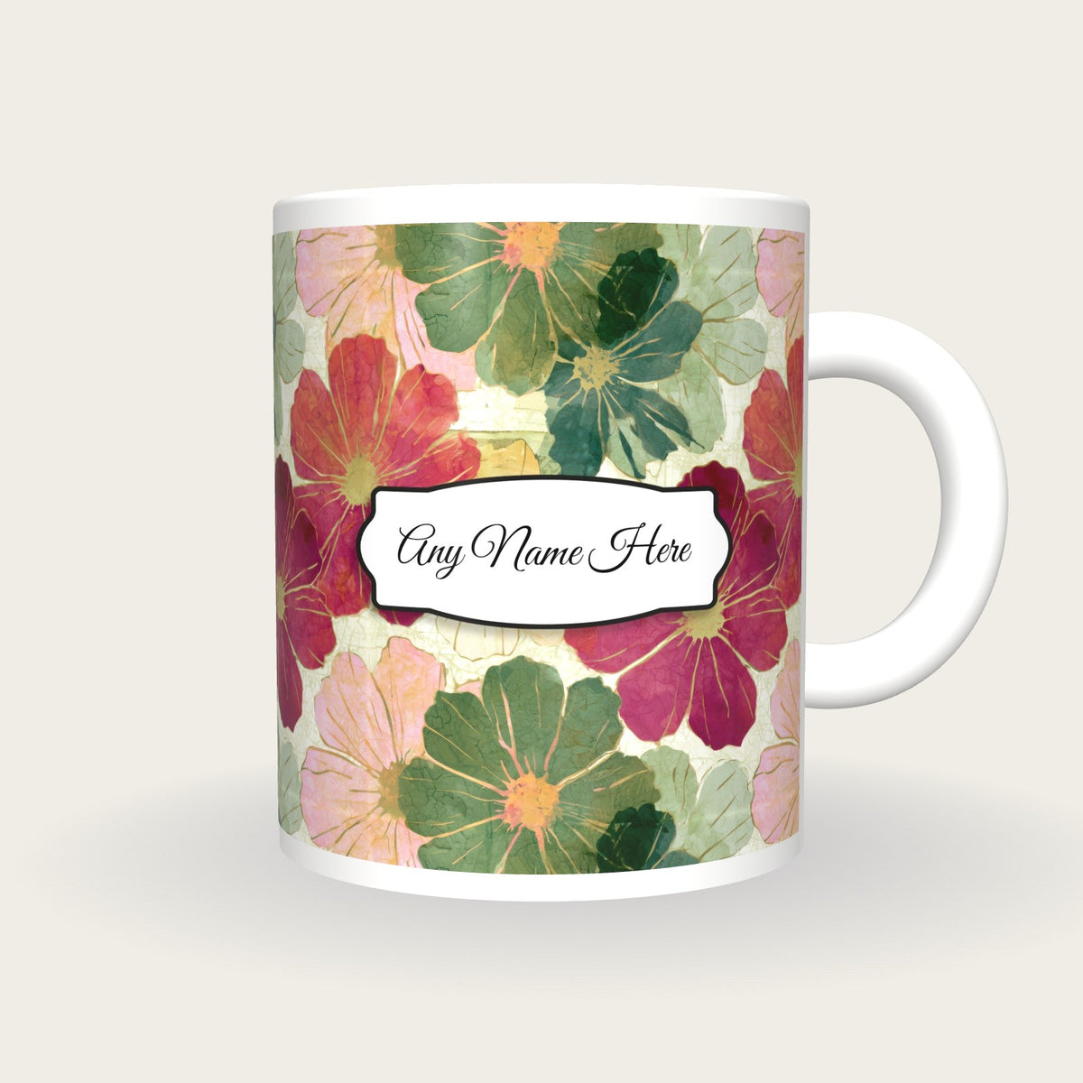 Batik Cosmos Name Mug, front with the name label