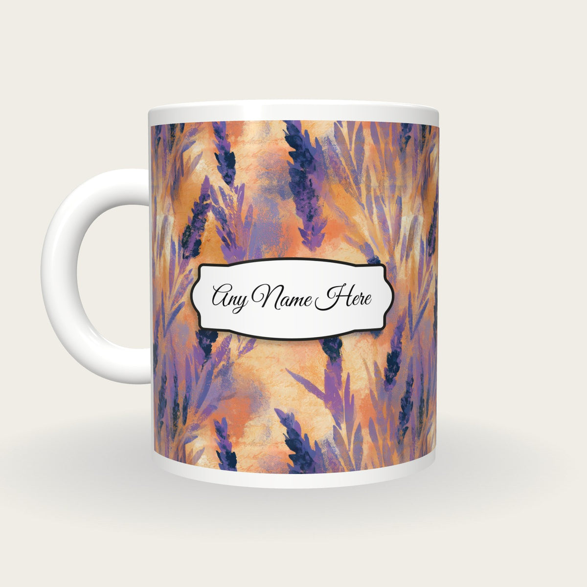 Impressionist Lavender Abstract Name Mug, back with the second name label