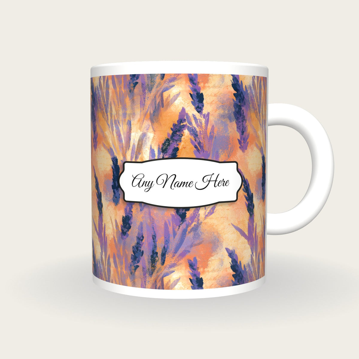 Impressionist Lavender Abstract Name Mug, front with the name label