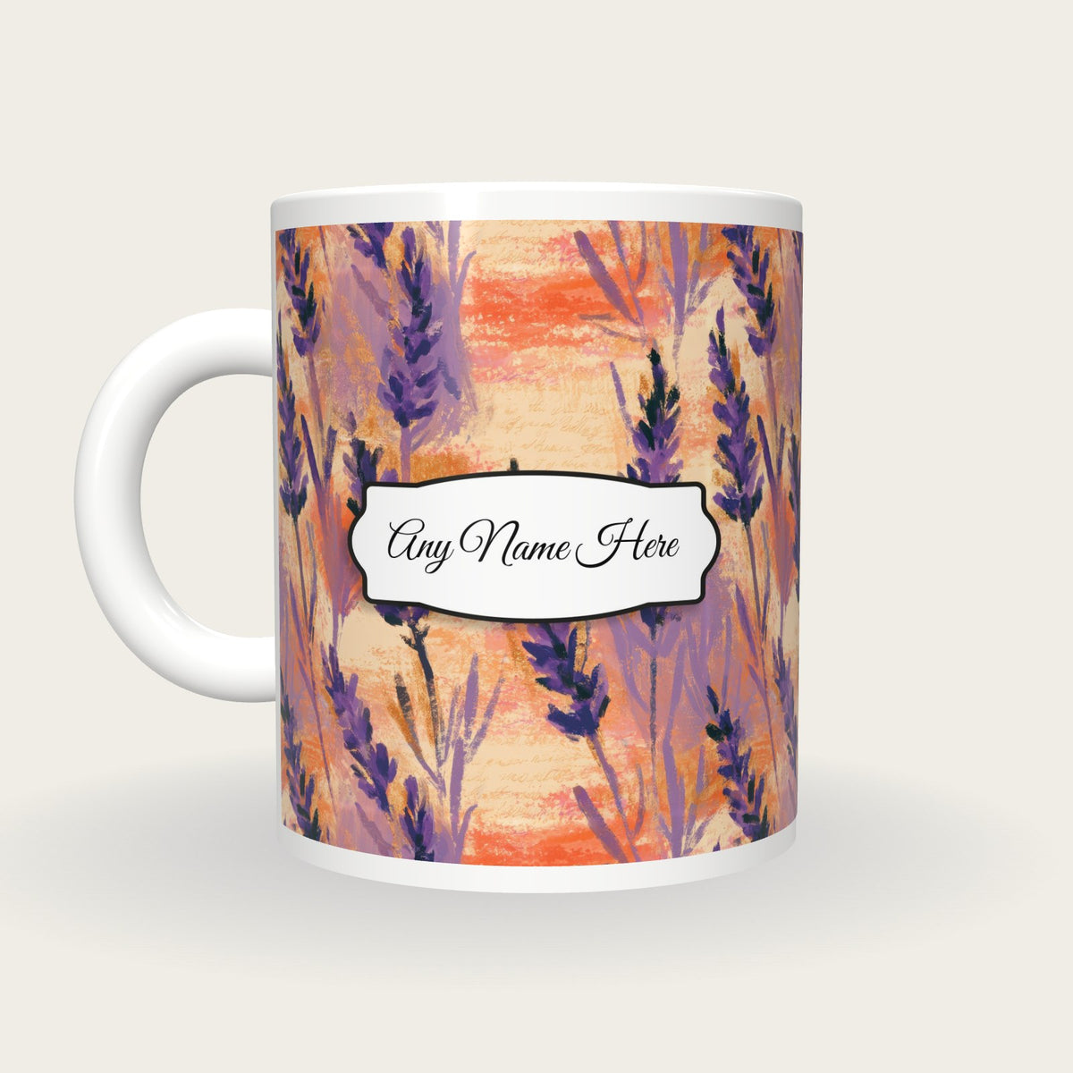 Impressionist Lavender Abstract Name Mug 2, back with the second name label