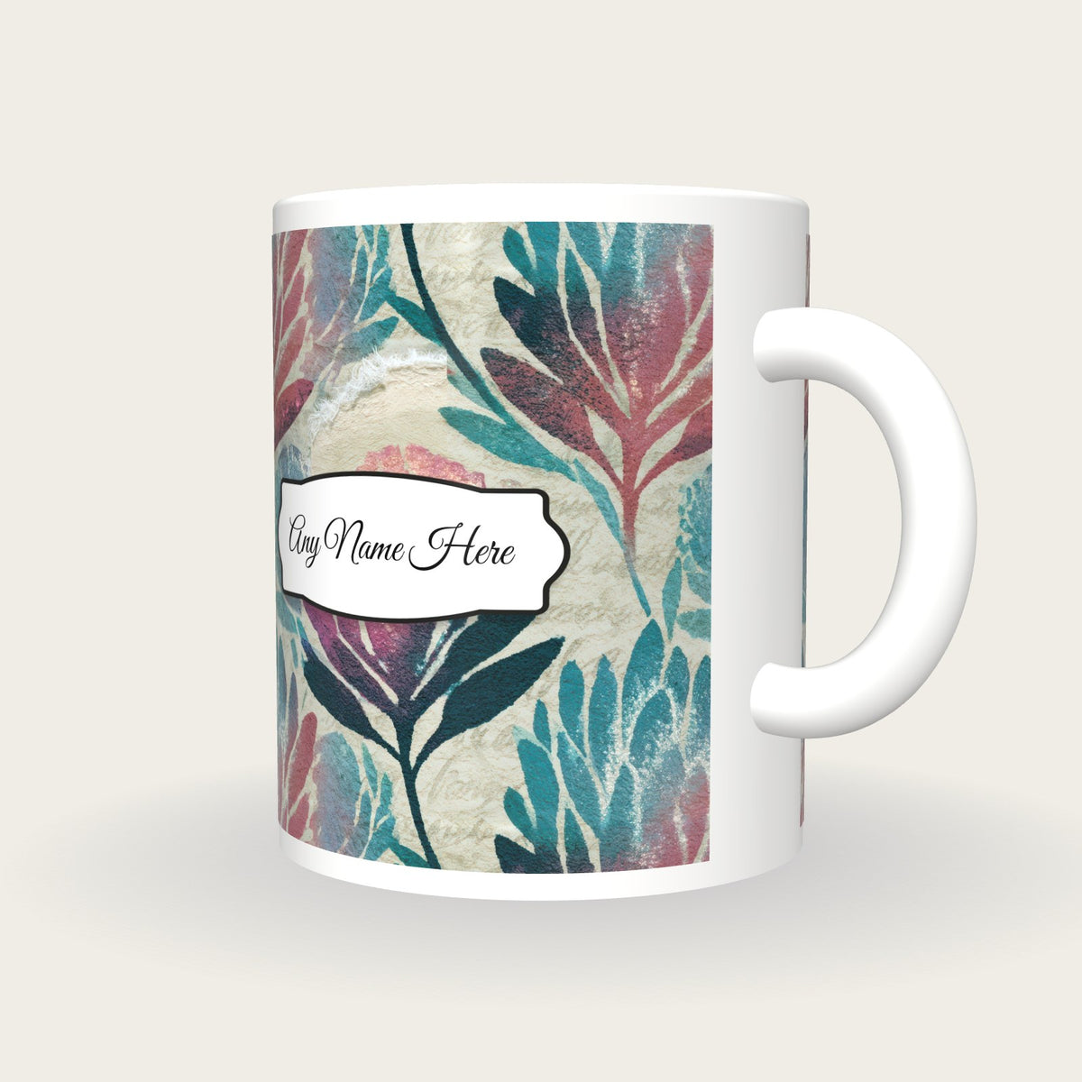 Torn Paper Banksia Name Mug 2, three-quarter view