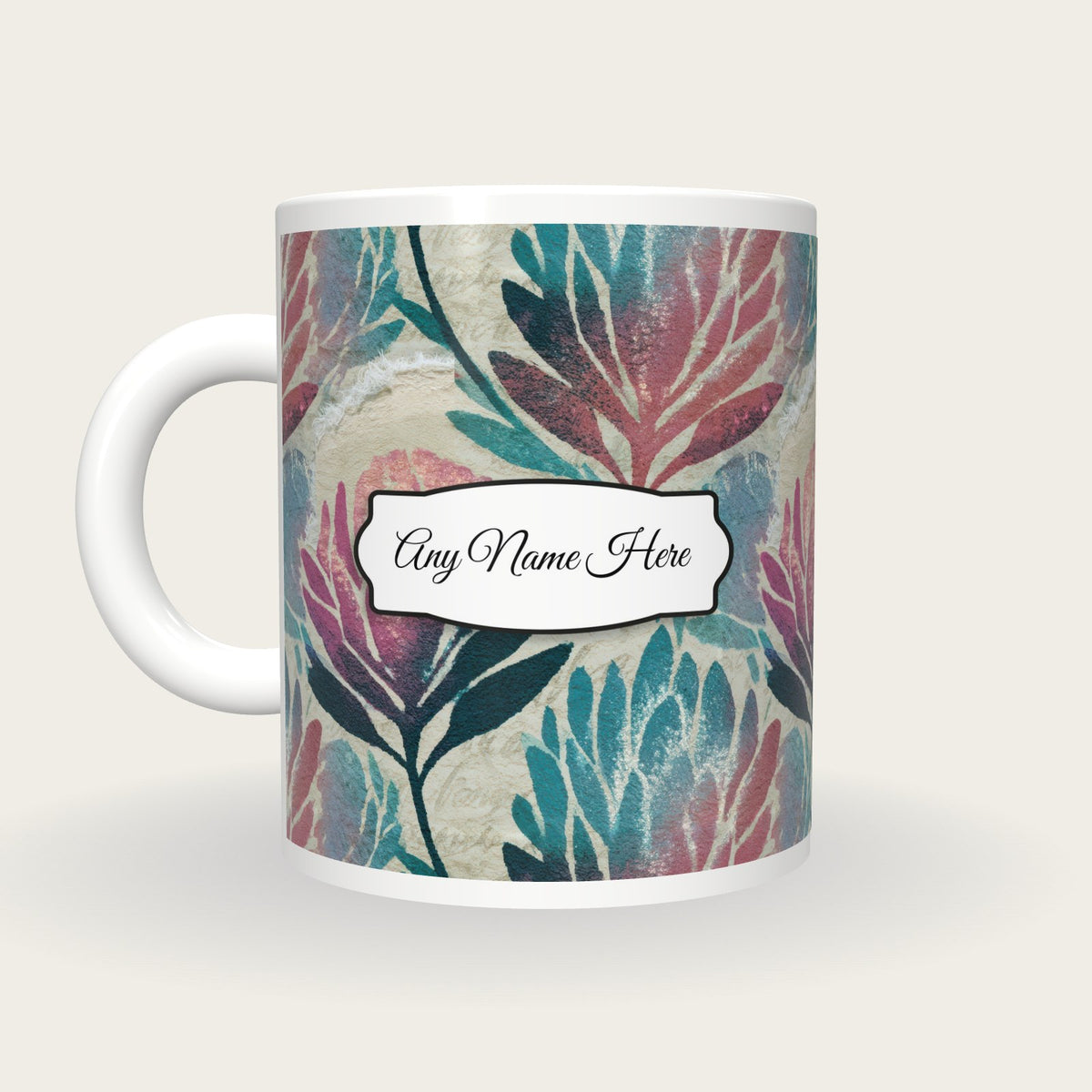 Torn Paper Banksia Name Mug 2, back with the second name label