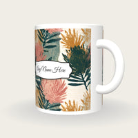 Torn Paper Banksia Name Mug, three-quarter view