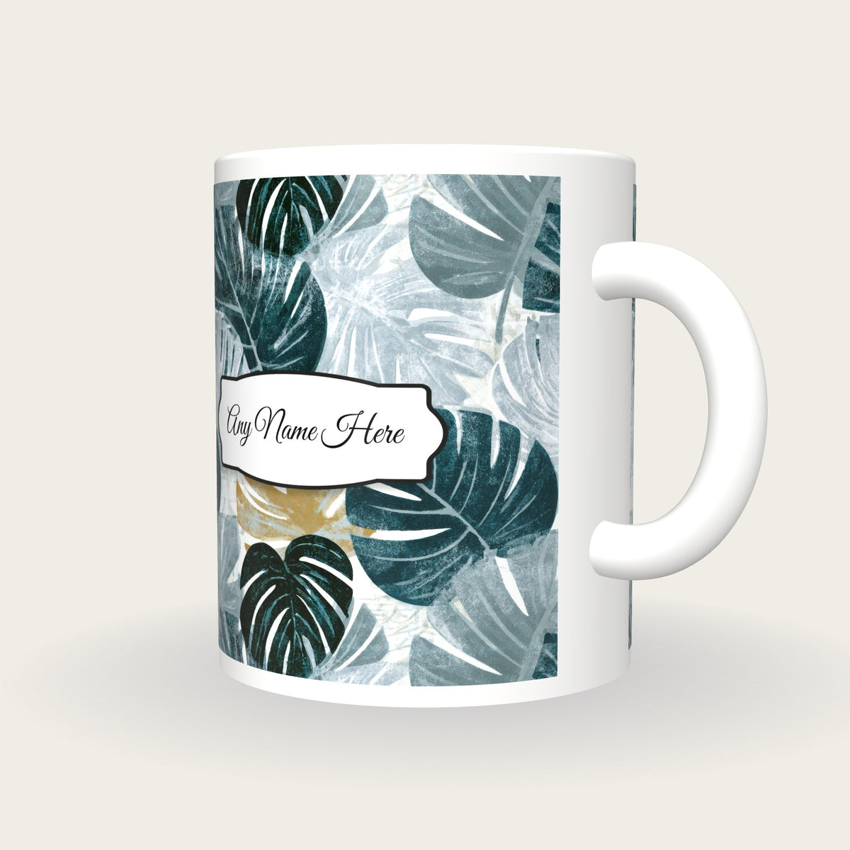 Woodblock Monstera Name Mug 2, three-quarter view
