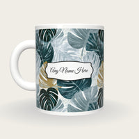 Woodblock Monstera Name Mug 2, back with the second name label
