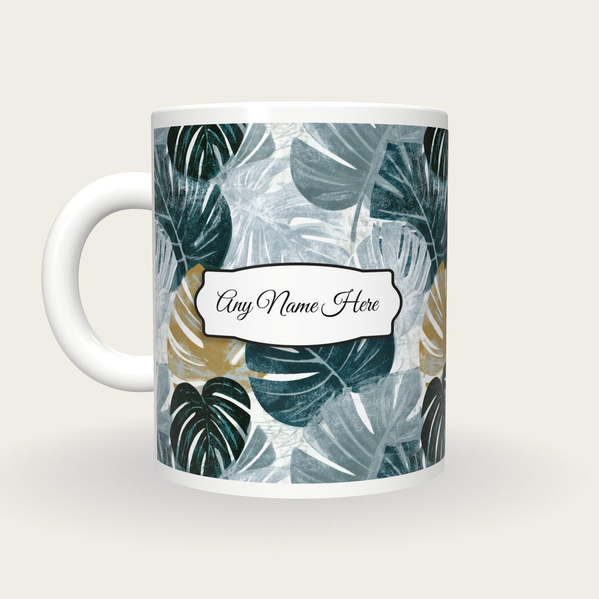 Woodblock Monstera Name Mug 2, back with the second name label