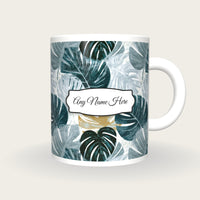 Woodblock Monstera Name Mug 2, front with the name label