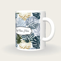 Woodblock Monstera Name Mug, three-quarter view