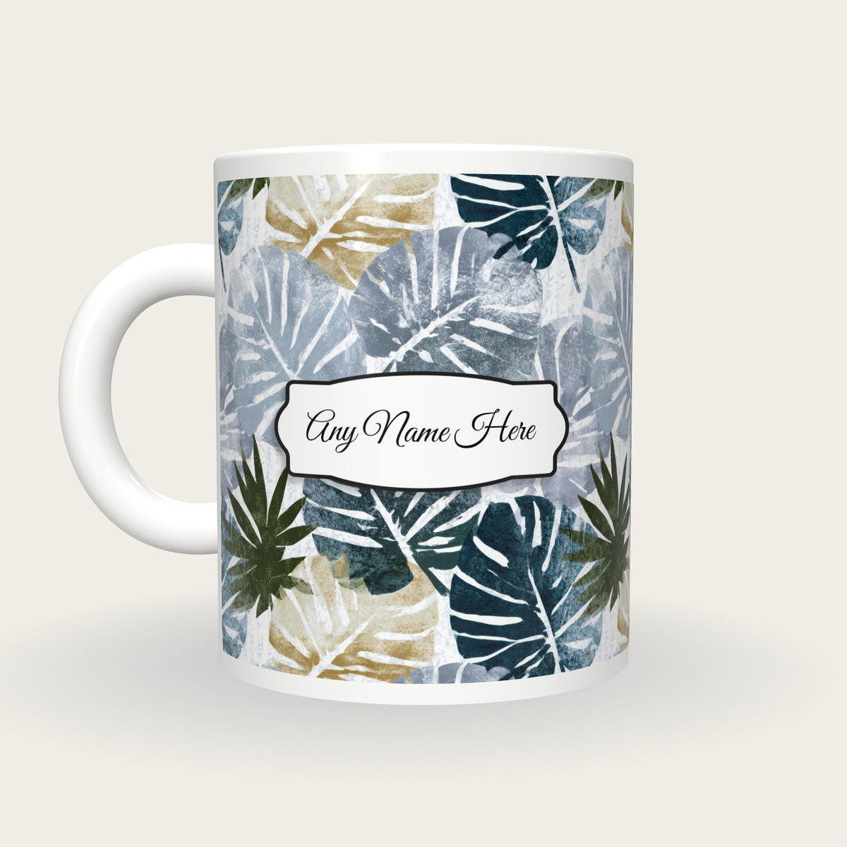 Woodblock Monstera Name Mug, back with the second name label