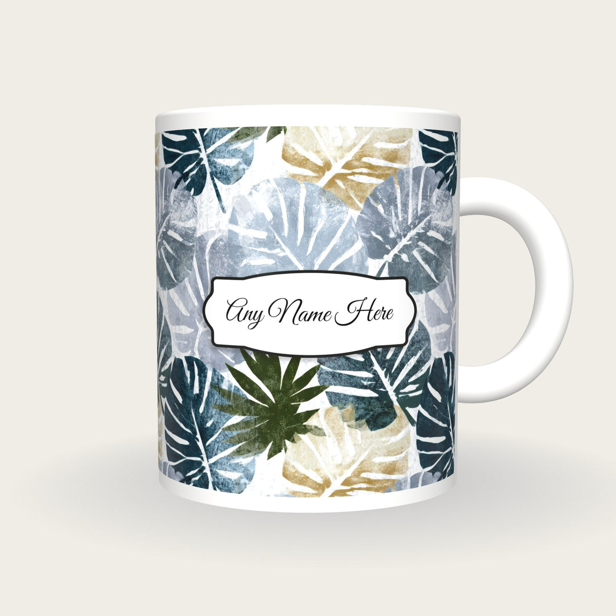 Woodblock Monstera Name Mug, front with the name label