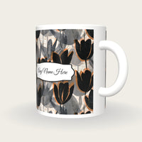 Woodblock Tulips Name Mug 2, three-quarter view
