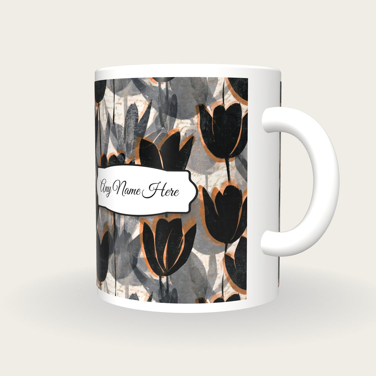 Woodblock Tulips Name Mug 2, three-quarter view
