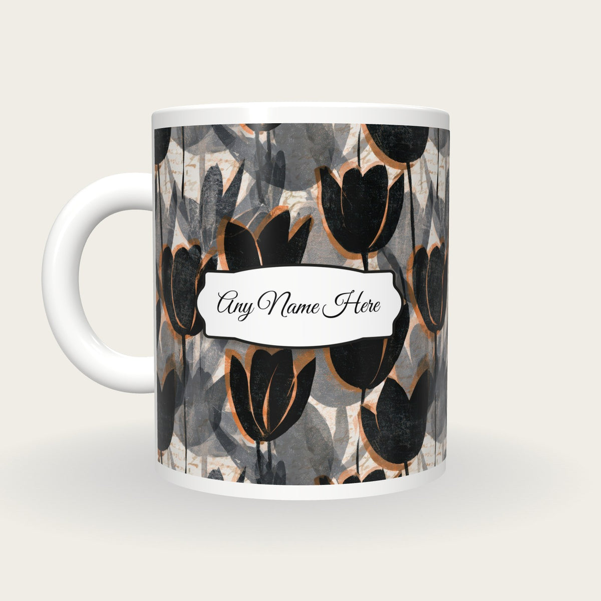 Woodblock Tulips Name Mug 2, back with the second name label