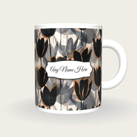 Woodblock Tulips Name Mug 2, front with the name label