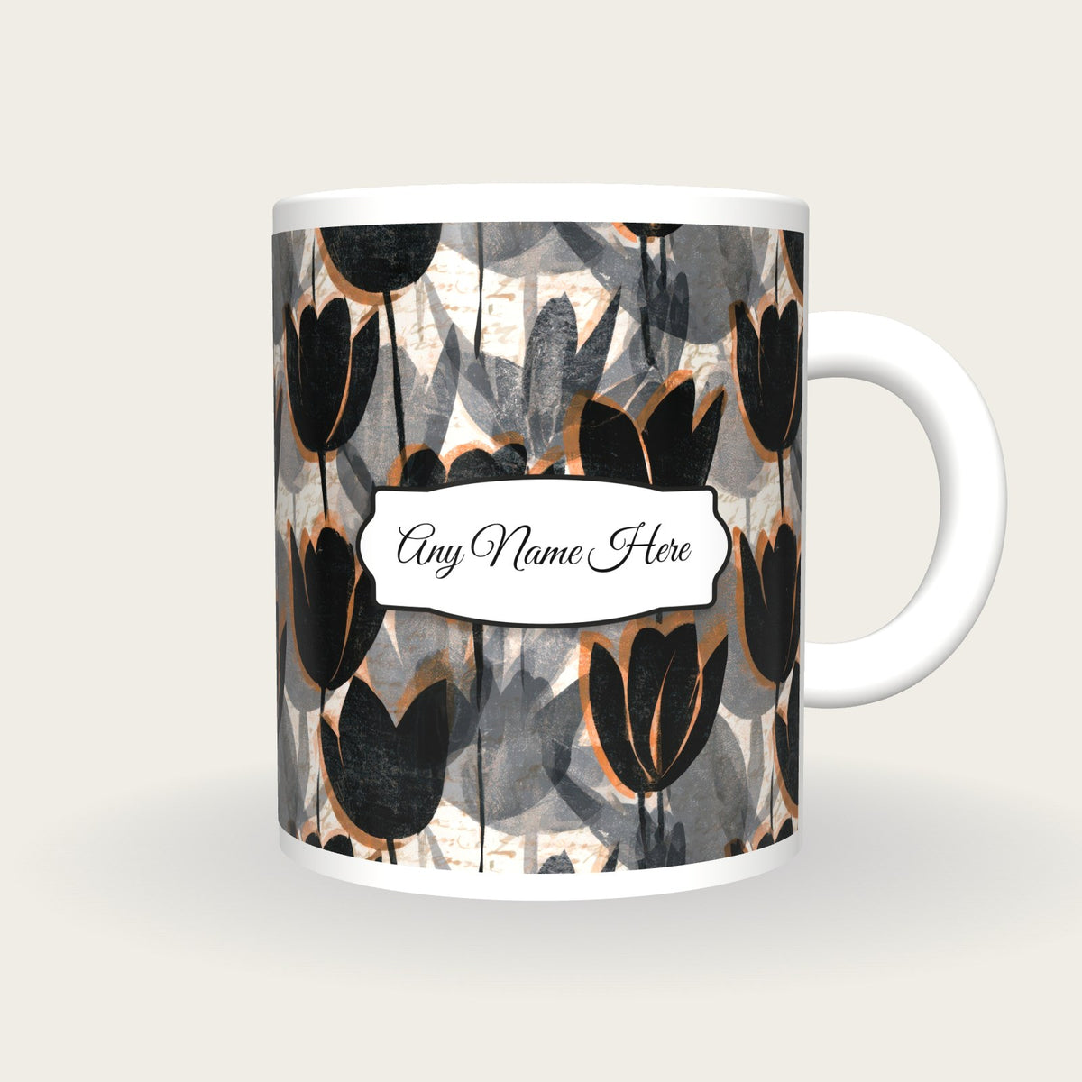 Woodblock Tulips Name Mug 2, front with the name label