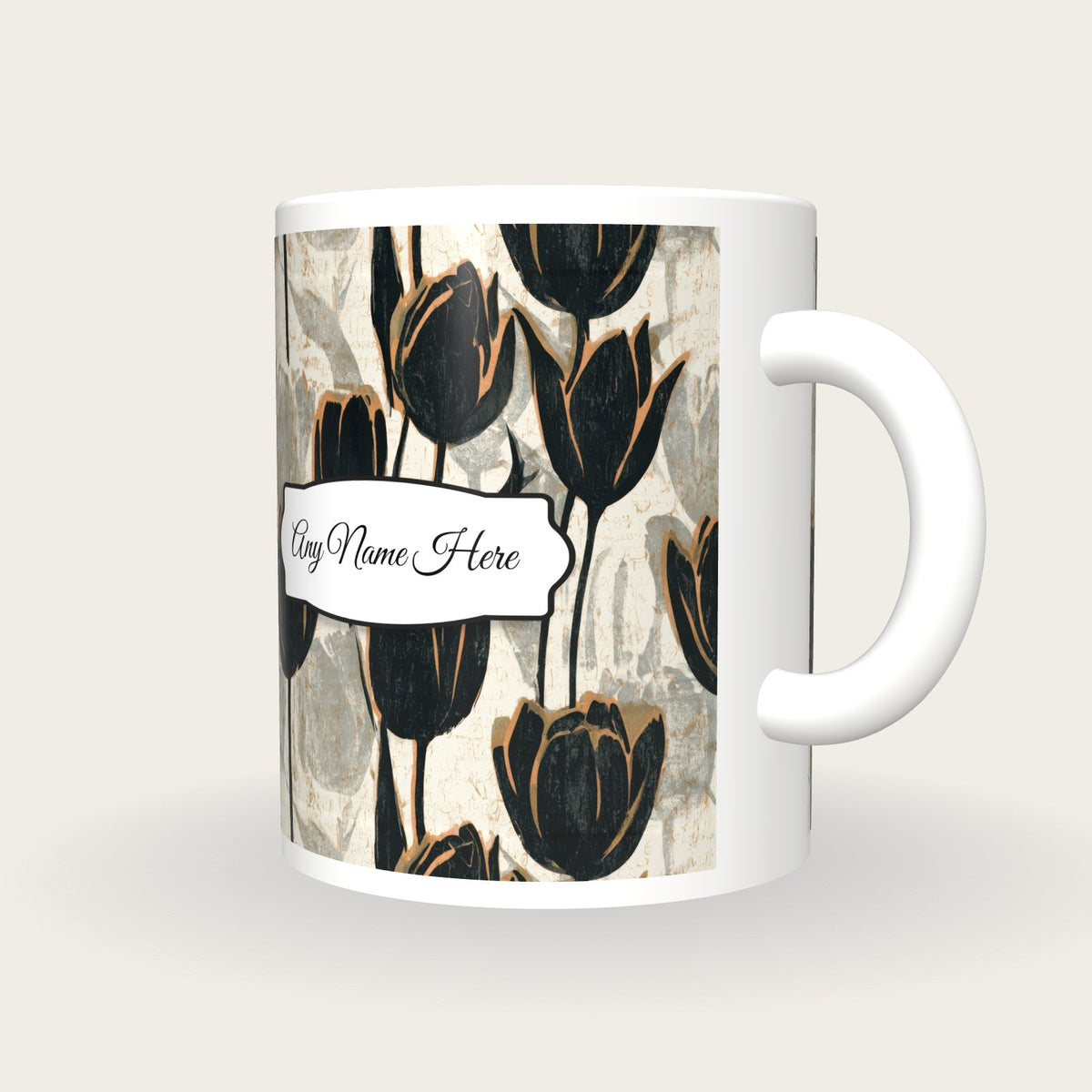 Woodblock Tulips Name Mug, three-quarter view