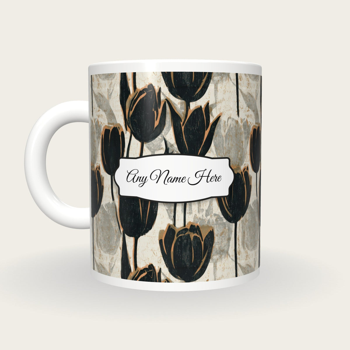 Woodblock Tulips Name Mug, back with the second name label