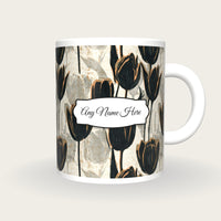 Woodblock Tulips Name Mug, front with the name label