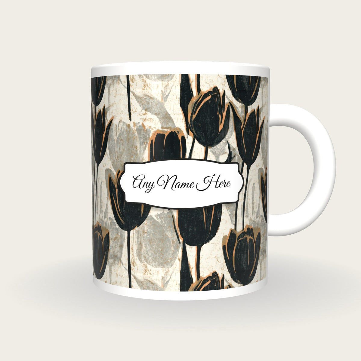 Woodblock Tulips Name Mug, front with the name label