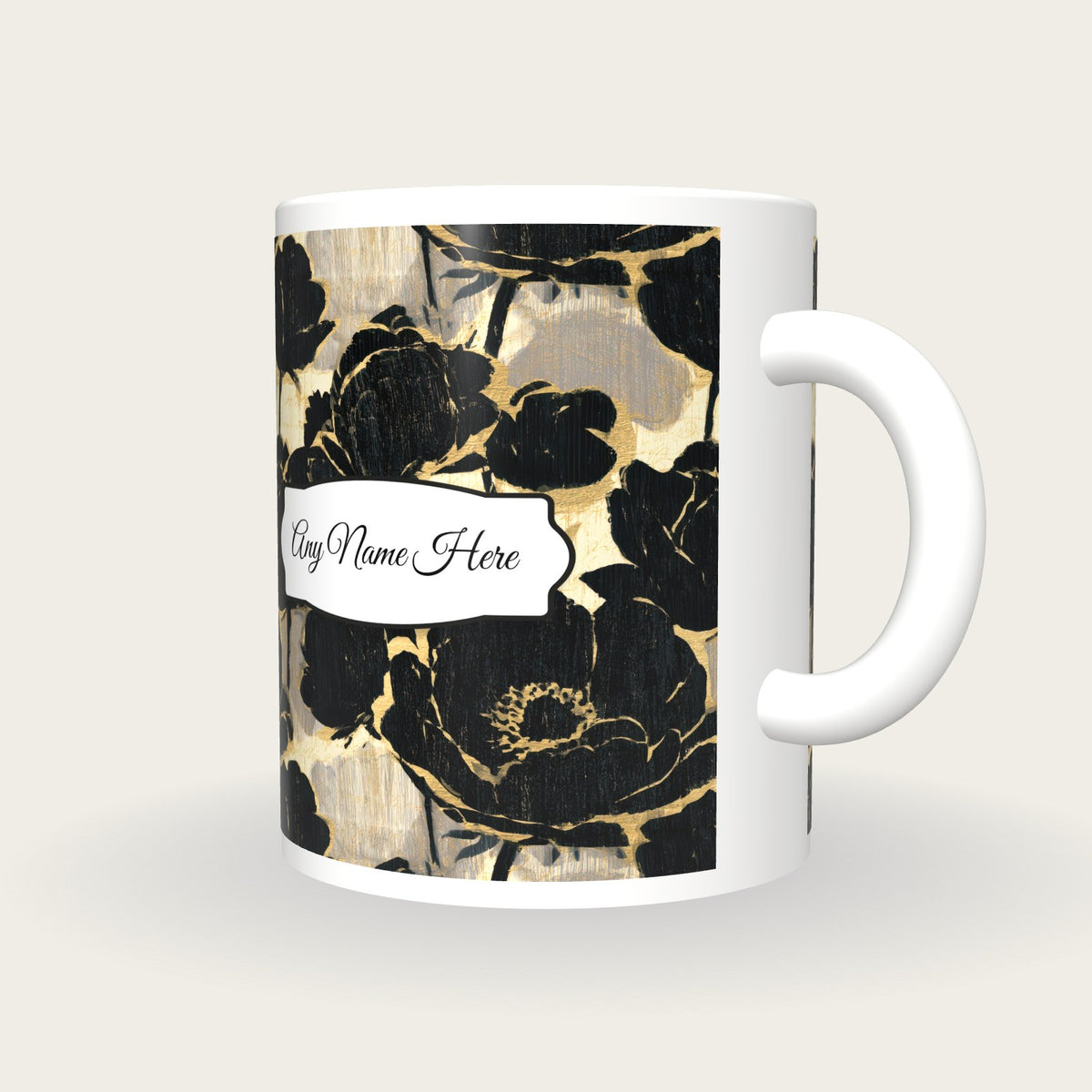 Woodcut Anemones Name Mug, three-quarter view