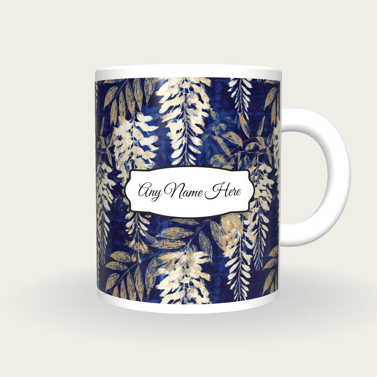 Monoprint Wisteria Name Mug, front with the name label