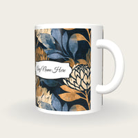 Woodcut Protea Name Mug, three-quarter view