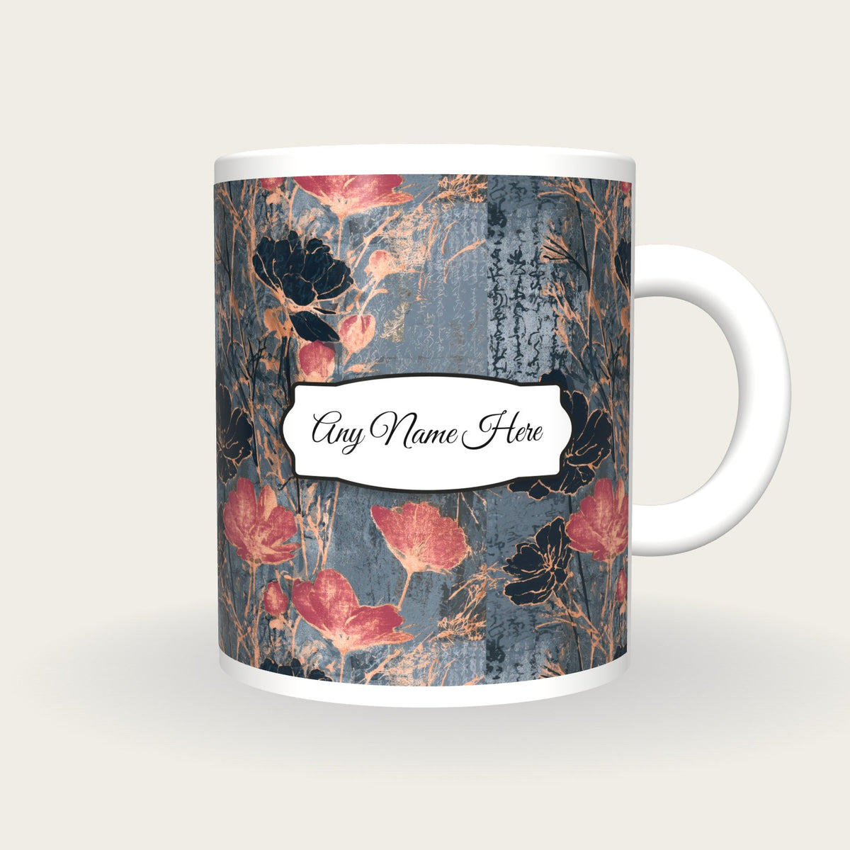 Screenprint Wildflowers Name Mug, front with the name label