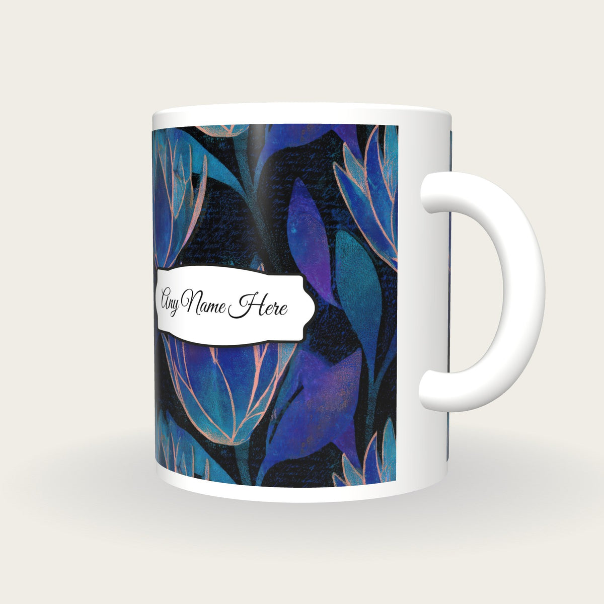Woodblock Protea Name Mug, three-quarter view