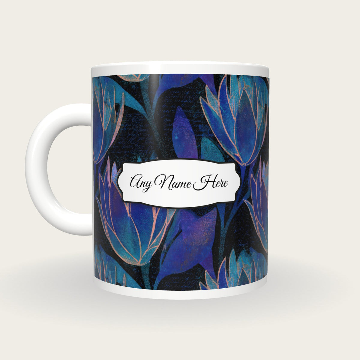 Woodblock Protea Name Mug, back with the second name label