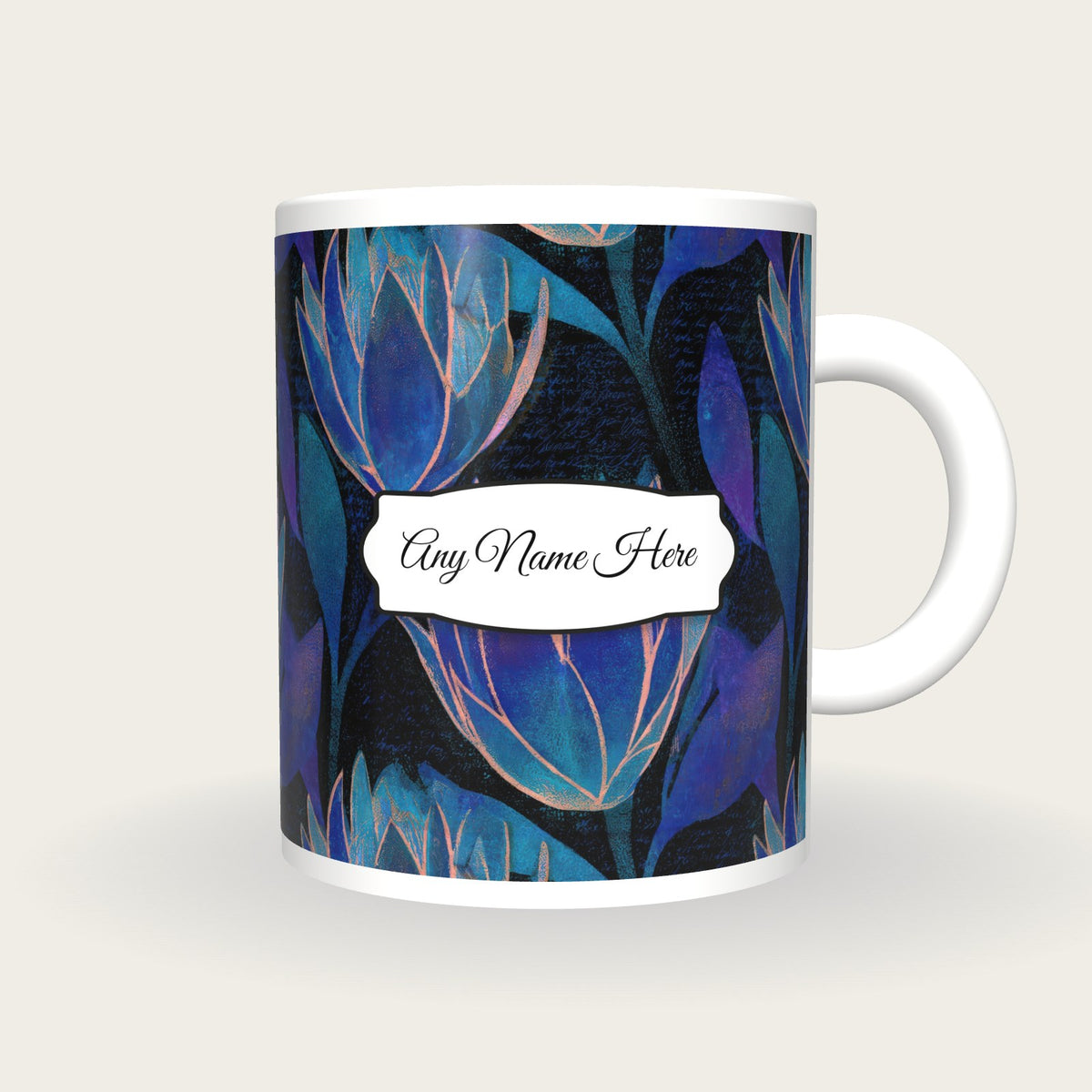 Woodblock Protea Name Mug, front with the name label
