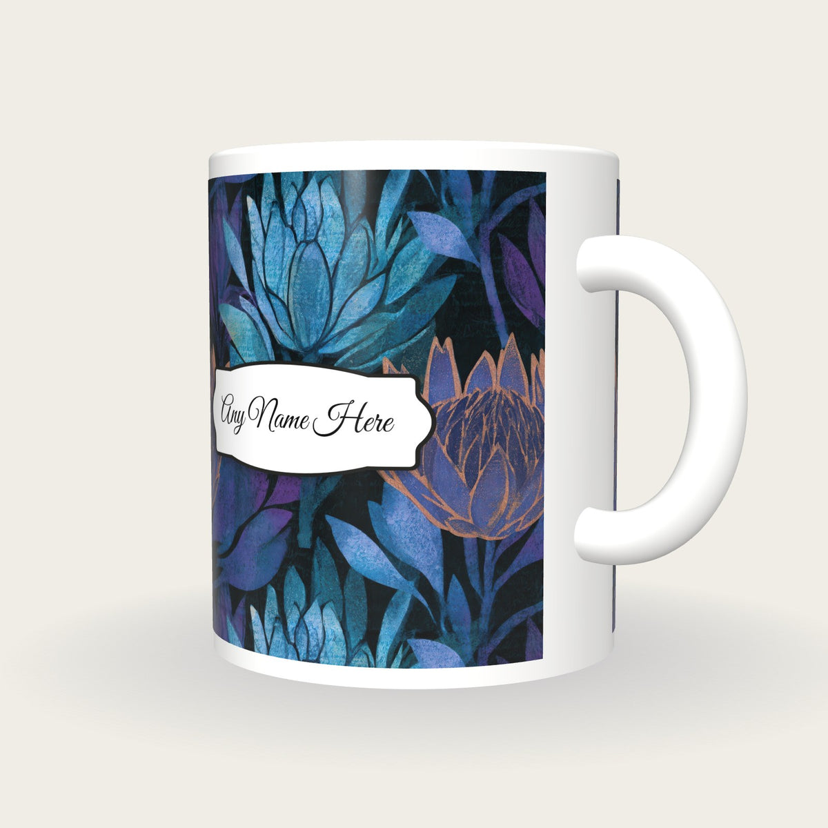 Woodblock Protea Name Mug 2, three-quarter view