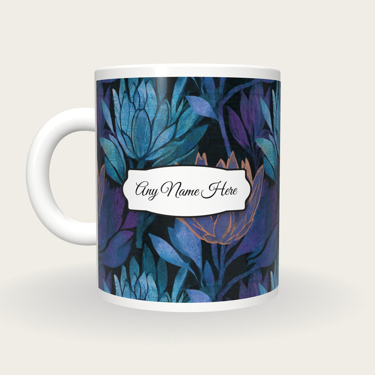 Woodblock Protea Name Mug 2, back with the second name label