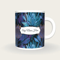 Woodblock Protea Name Mug 2, front with the name label