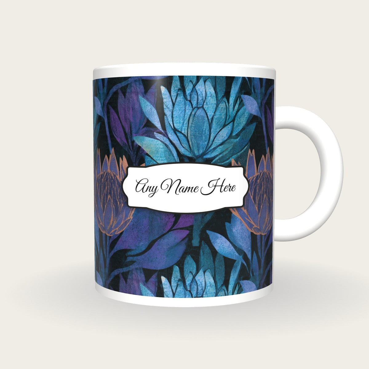 Woodblock Protea Name Mug 2, front with the name label