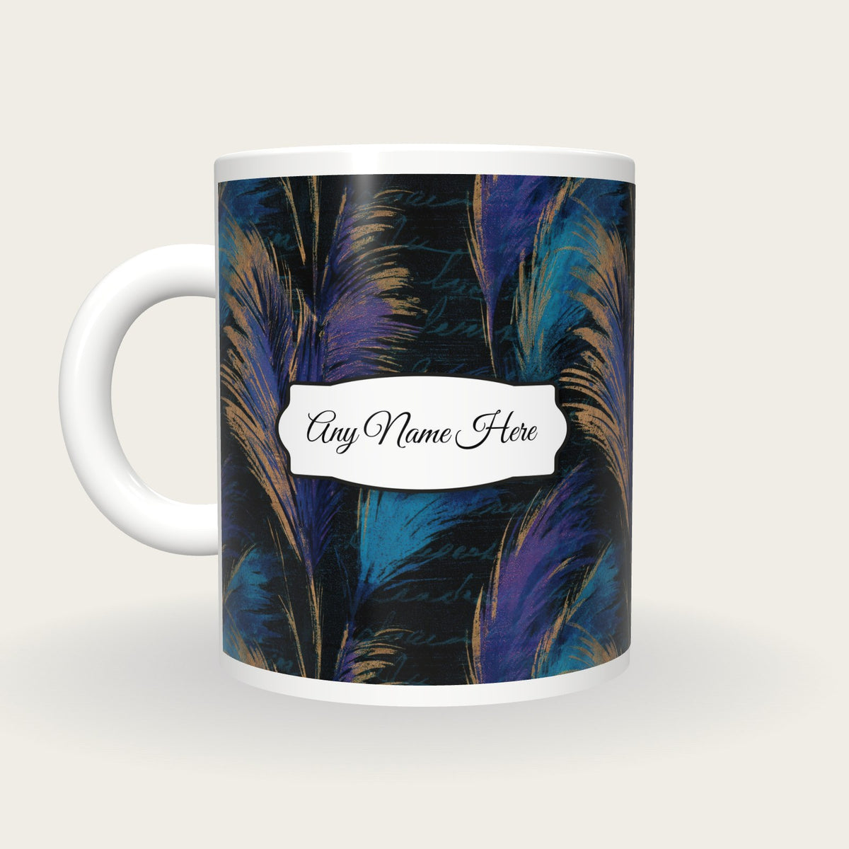 Woodcut Pampas Grass Name Mug, back with the second name label