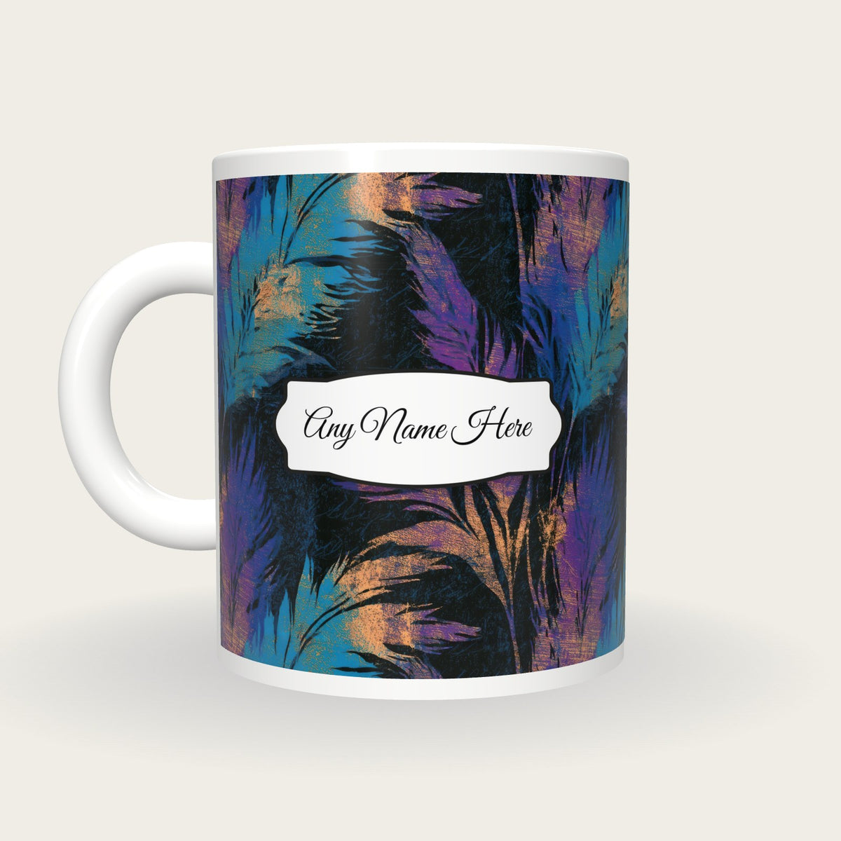 Woodcut Pampas Grass Name Mug 2, back with the second name label