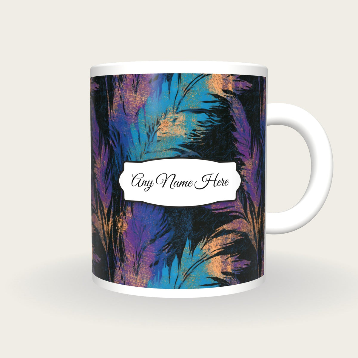 Woodcut Pampas Grass Name Mug 2, front with the name label