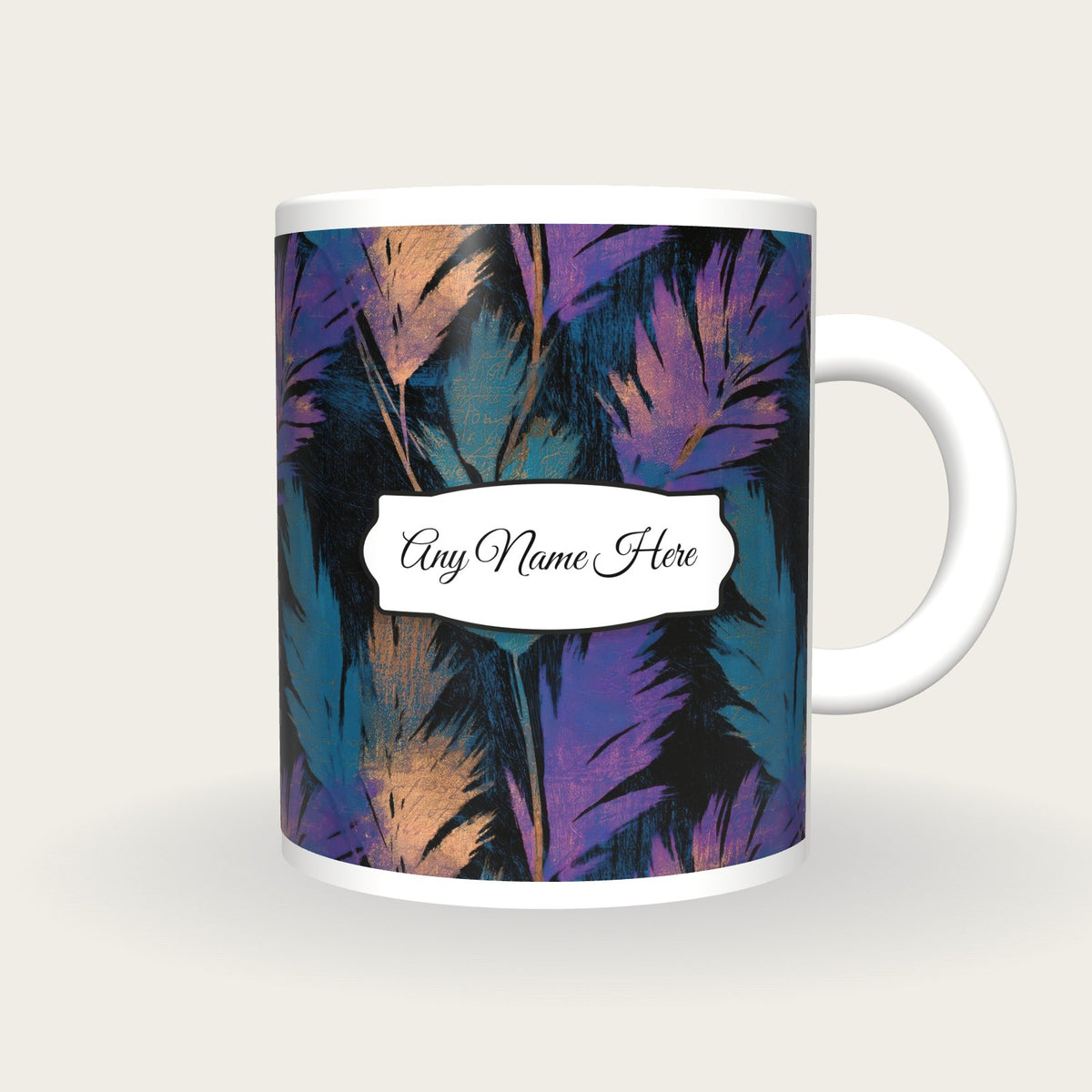 Woodcut Pampas Grass Name Mug 3, front with the name label