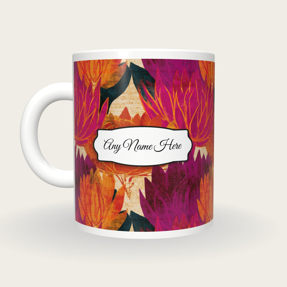 Screenprint Protea Name Mug, back with the second name label