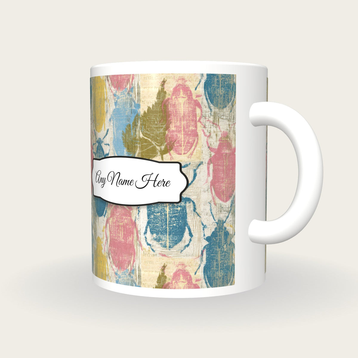 Woodcut Beetles Name Mug, three-quarter view