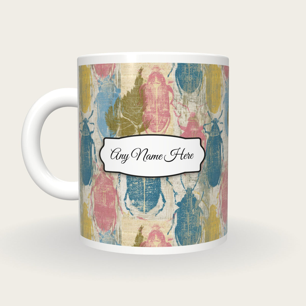 Woodcut Beetles Name Mug, back with the second name label